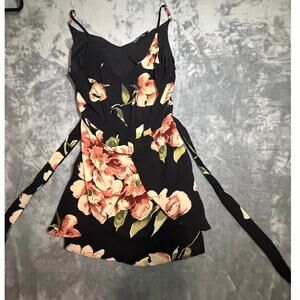 Style Dome Floral Dress Black Pink Sleeveless Tie  Wrap Mini Dress Medium NWT
